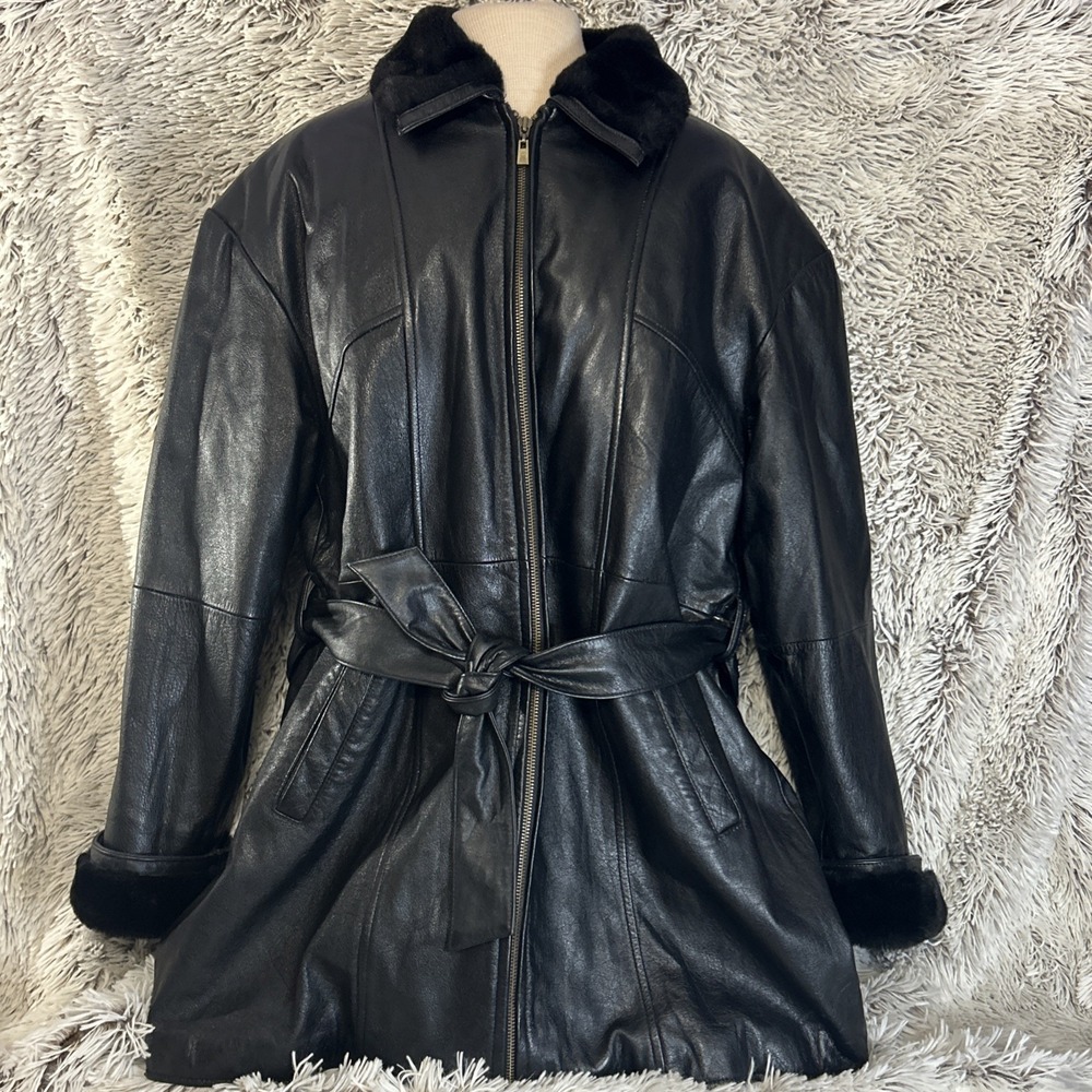 Wilsons Leather Black Leather Faux Fur Lined Belted Jacket Mid-Length Medium